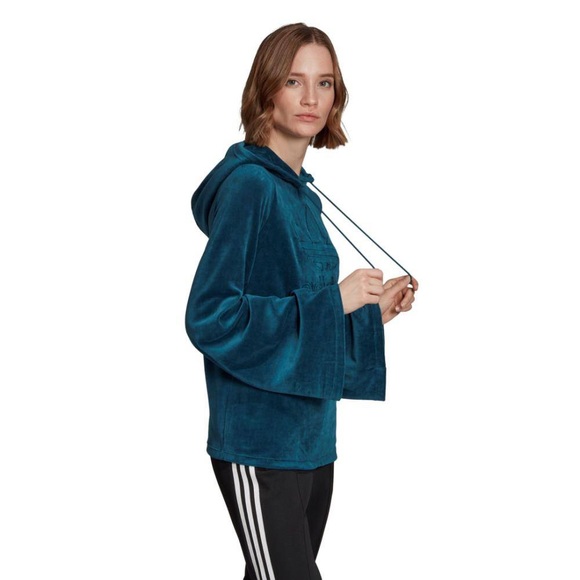 Adidas Flared Sleeve Velvet Blue Logo Hoodie - Picture 2 of 6